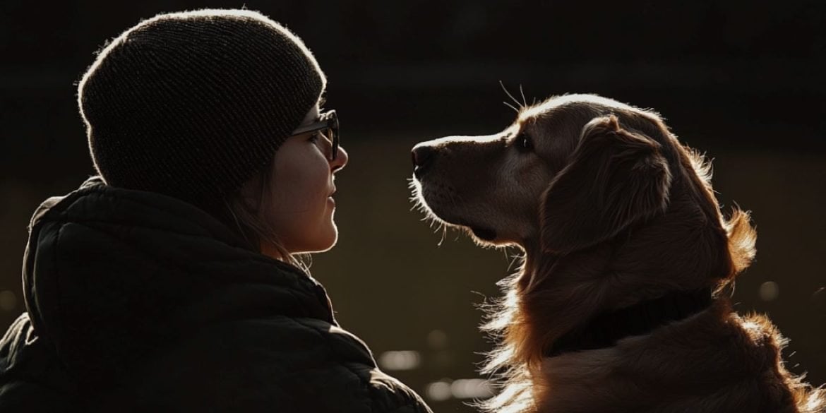 This shows a woman and her dog.