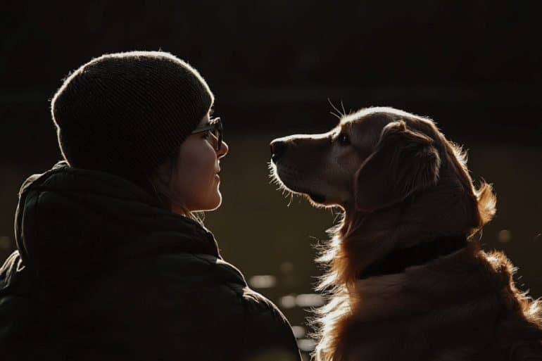 This shows a woman and her dog.