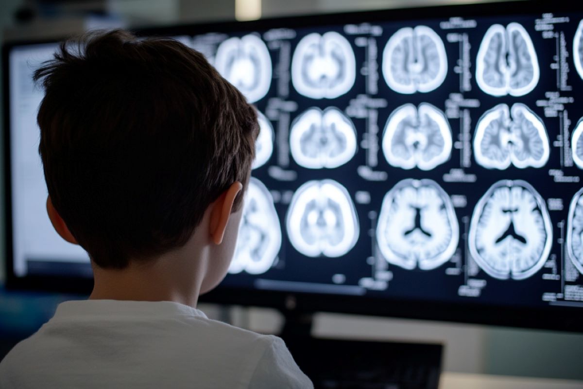 This shows a child looking at brain scans.