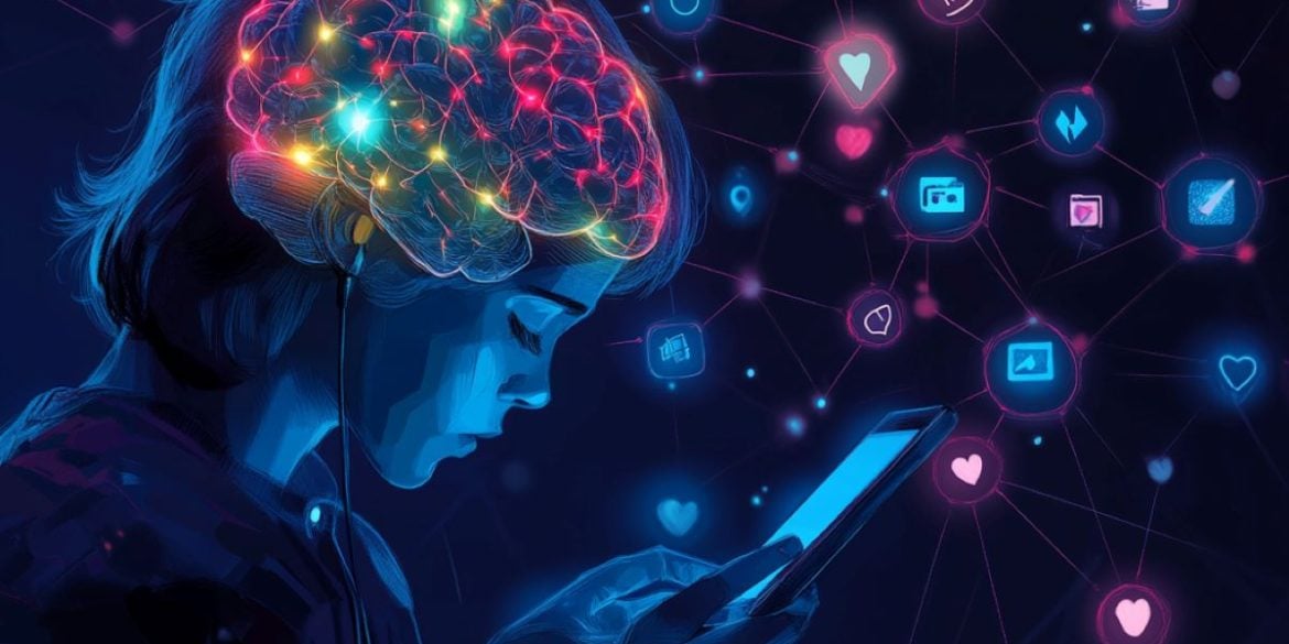 This shows a person using a cell phone and a lit up brain.