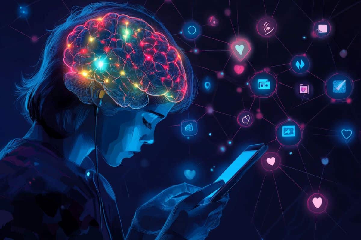 This shows a person using a cell phone and a lit up brain.