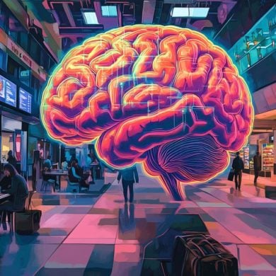 This is an illustration of a brain in a shopping mall.