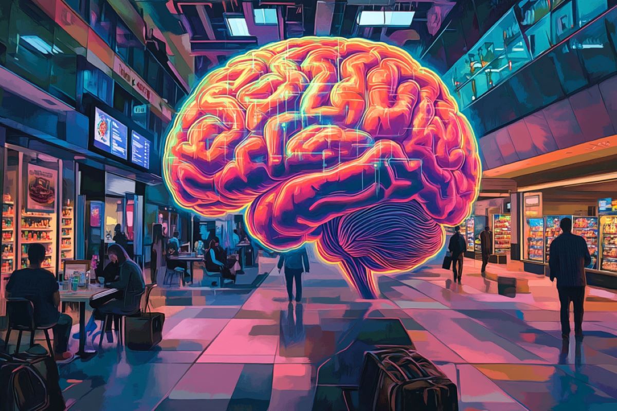 This is an illustration of a brain in a shopping mall.