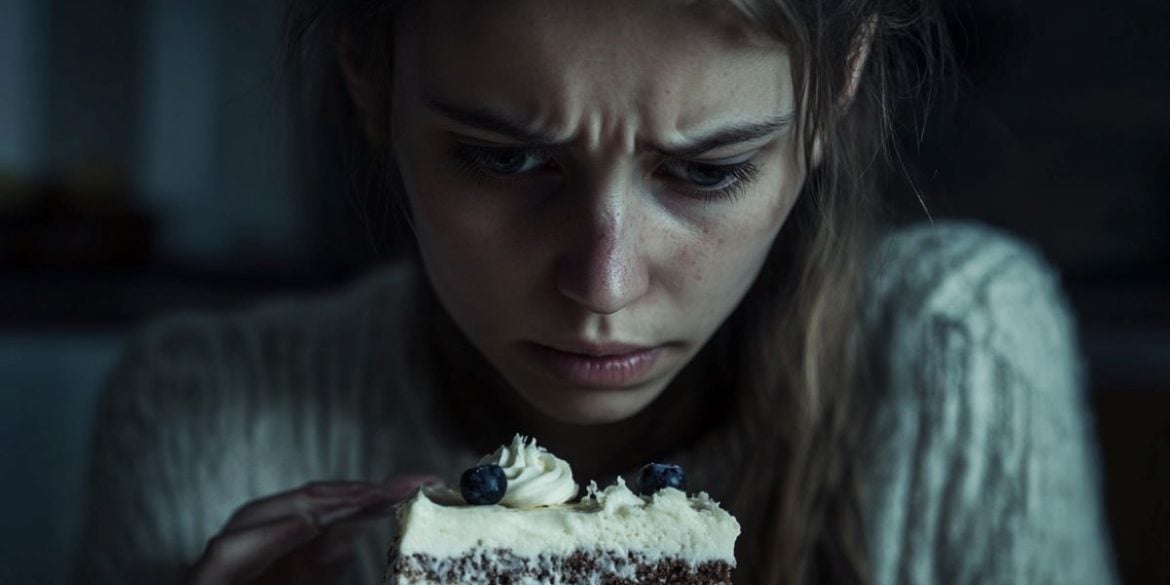 This shows a sad woman and a slice of cake.