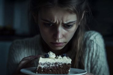 This shows a sad woman and a slice of cake.