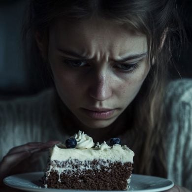 This shows a sad woman and a slice of cake.