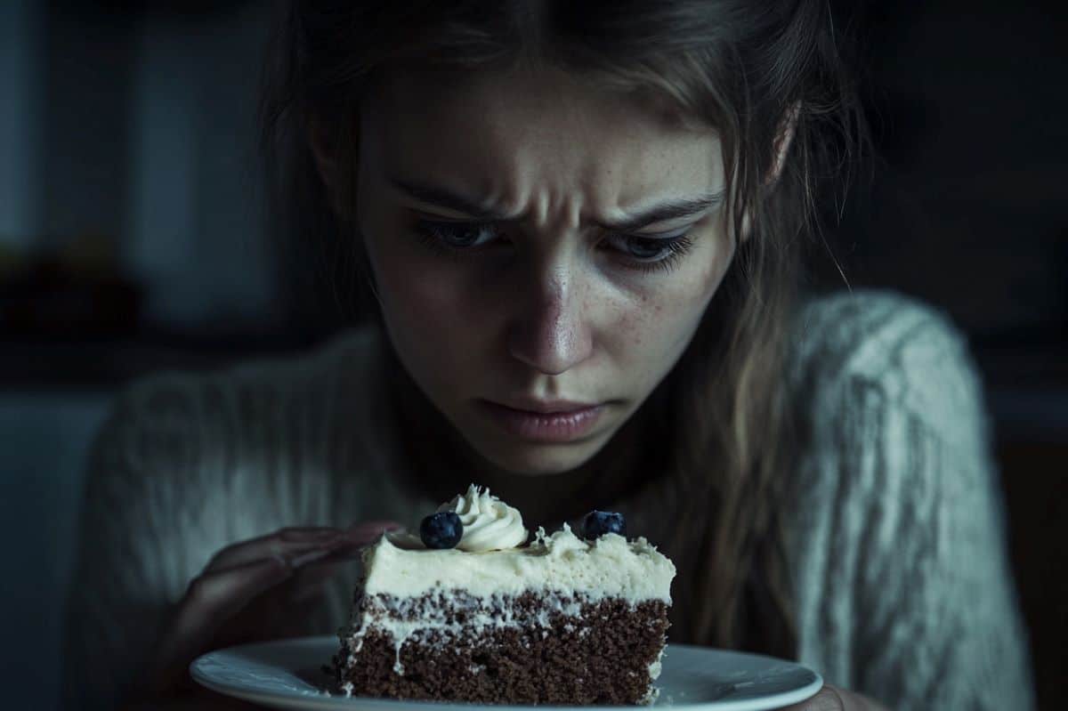 This shows a sad woman and a slice of cake.