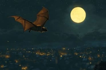 This shows a bat flying at night.