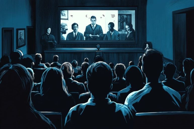 This shows a drawing of people watching a movie.