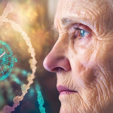 This shows an older woman, a clock, and DNA.