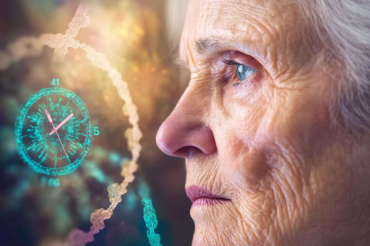 This shows an older woman, a clock, and DNA.