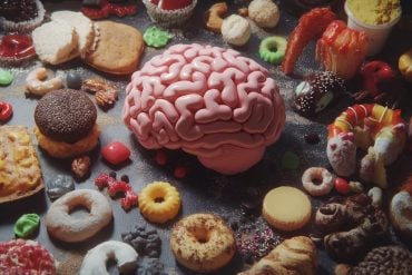 This shows a brain and fatty, sugary foods.