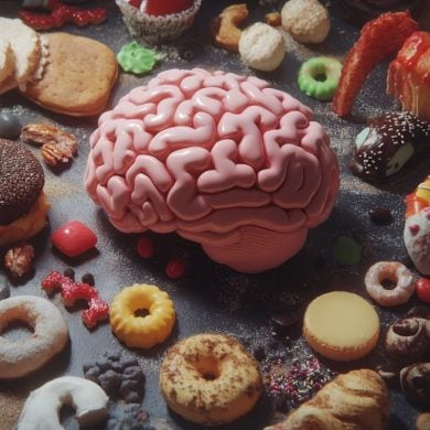 This shows a brain and fatty, sugary foods.