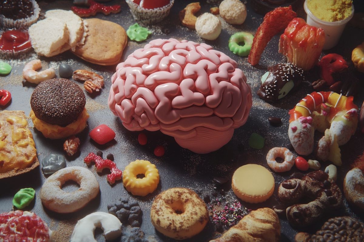 This shows a brain and fatty, sugary foods.