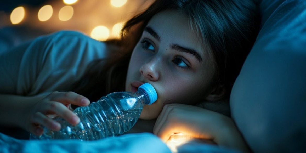 This shows a teen awake at night with a bottle of water in their hand.