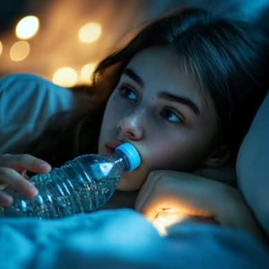 This shows a teen awake at night with a bottle of water in their hand.