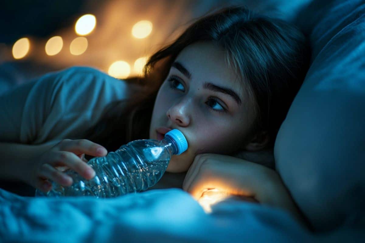 This shows a teen awake at night with a bottle of water in their hand.