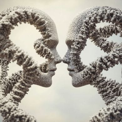 This shows two heads made out of DNA.