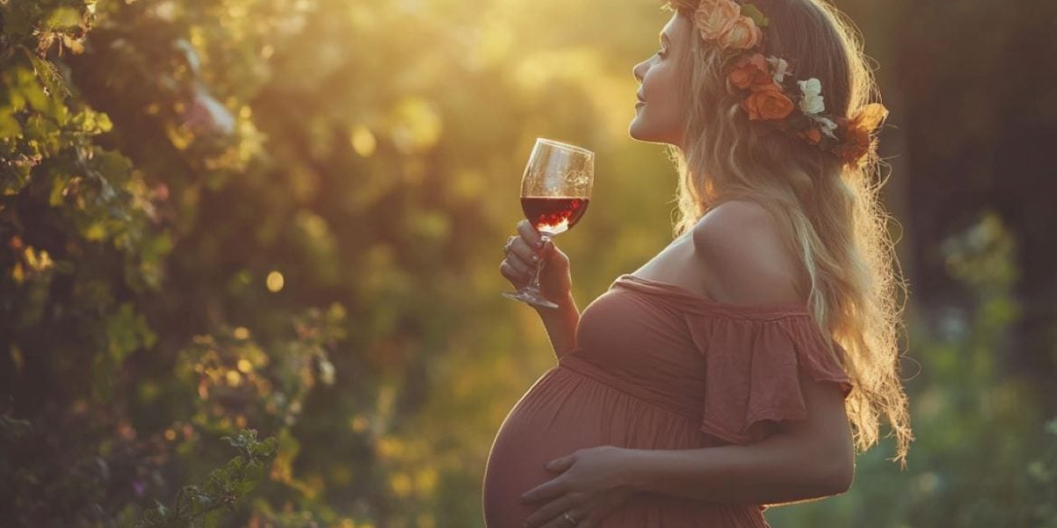 This shows a pregnant woman drinking wine.