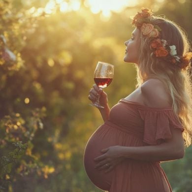 This shows a pregnant woman drinking wine.