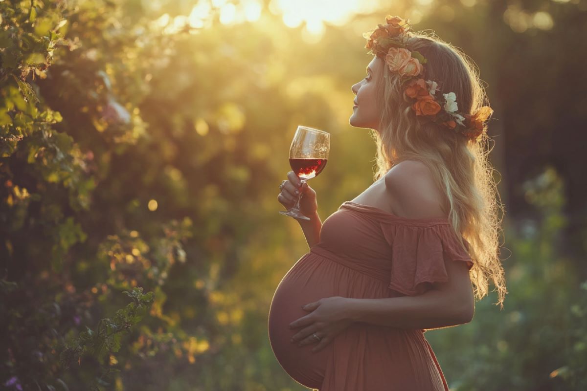 This shows a pregnant woman drinking wine.