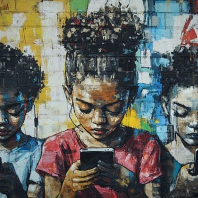 This shows kids on smartphones.