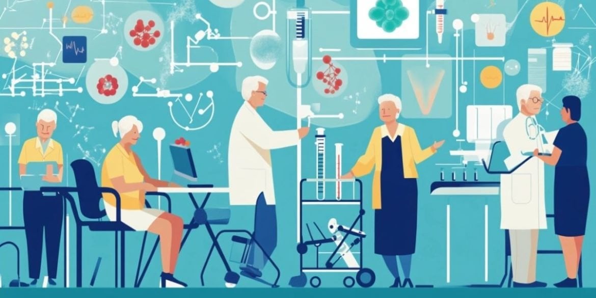 This shows a cartoon of older people in a lab.