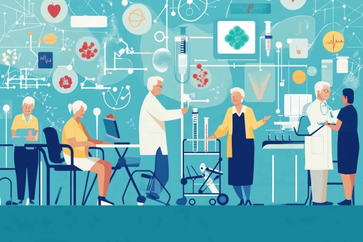 This shows a cartoon of older people in a lab.