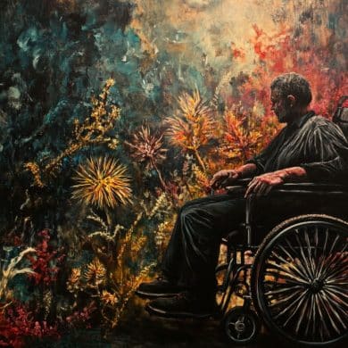 This shows a man in a wheelchair.