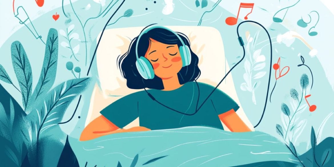 This shows a woman relaxing with headphones on.