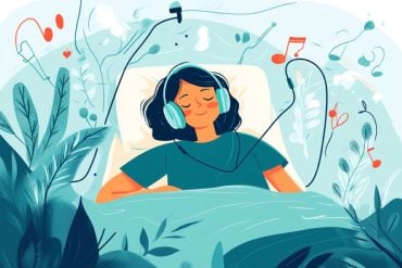 This shows a woman relaxing with headphones on.