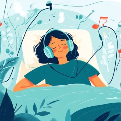 This shows a woman relaxing with headphones on.