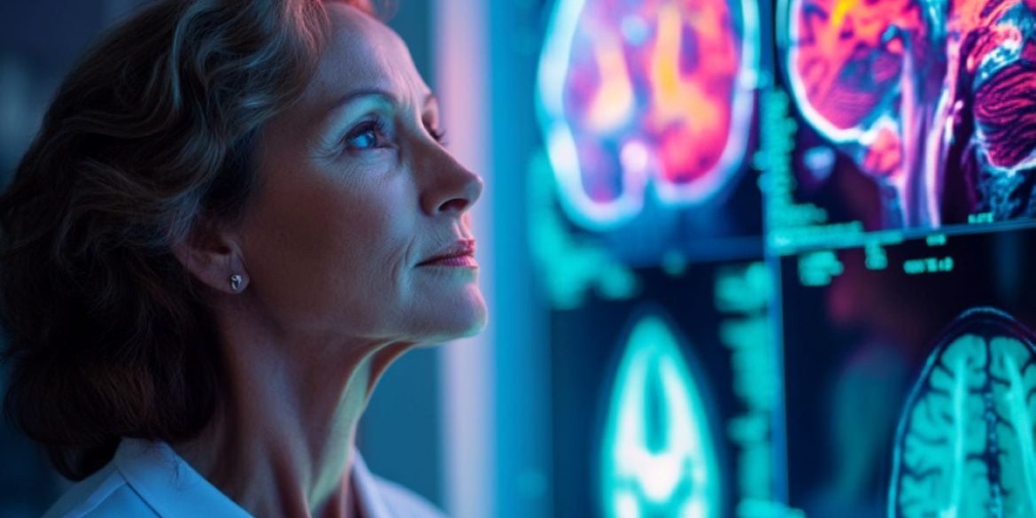 This shows a woman looking at brain scans.