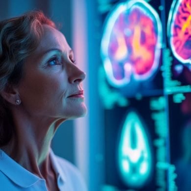 This shows a woman looking at brain scans.