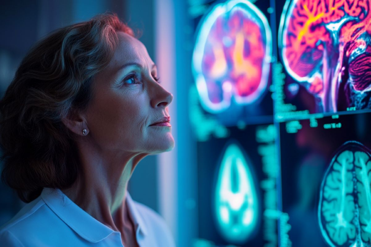 This shows a woman looking at brain scans.