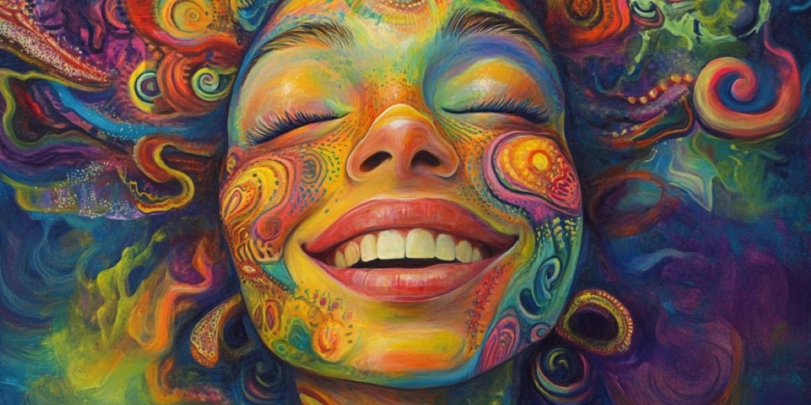 This shows a happy person surrounded by psychedelic swirls.