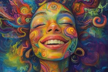 This shows a happy person surrounded by psychedelic swirls.