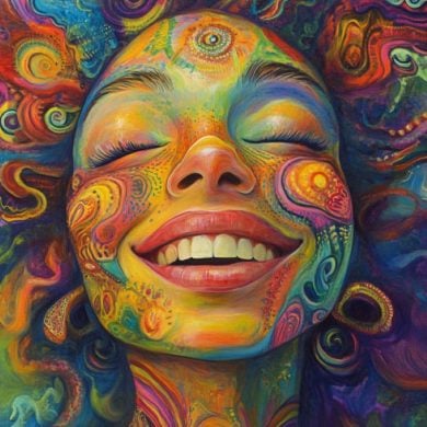 This shows a happy person surrounded by psychedelic swirls.