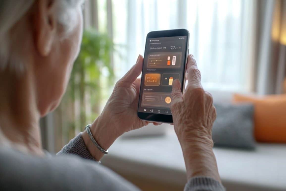 This shows an older person using a smart phone reminder app.