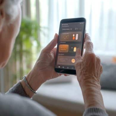 This shows an older person using a smart phone reminder app.