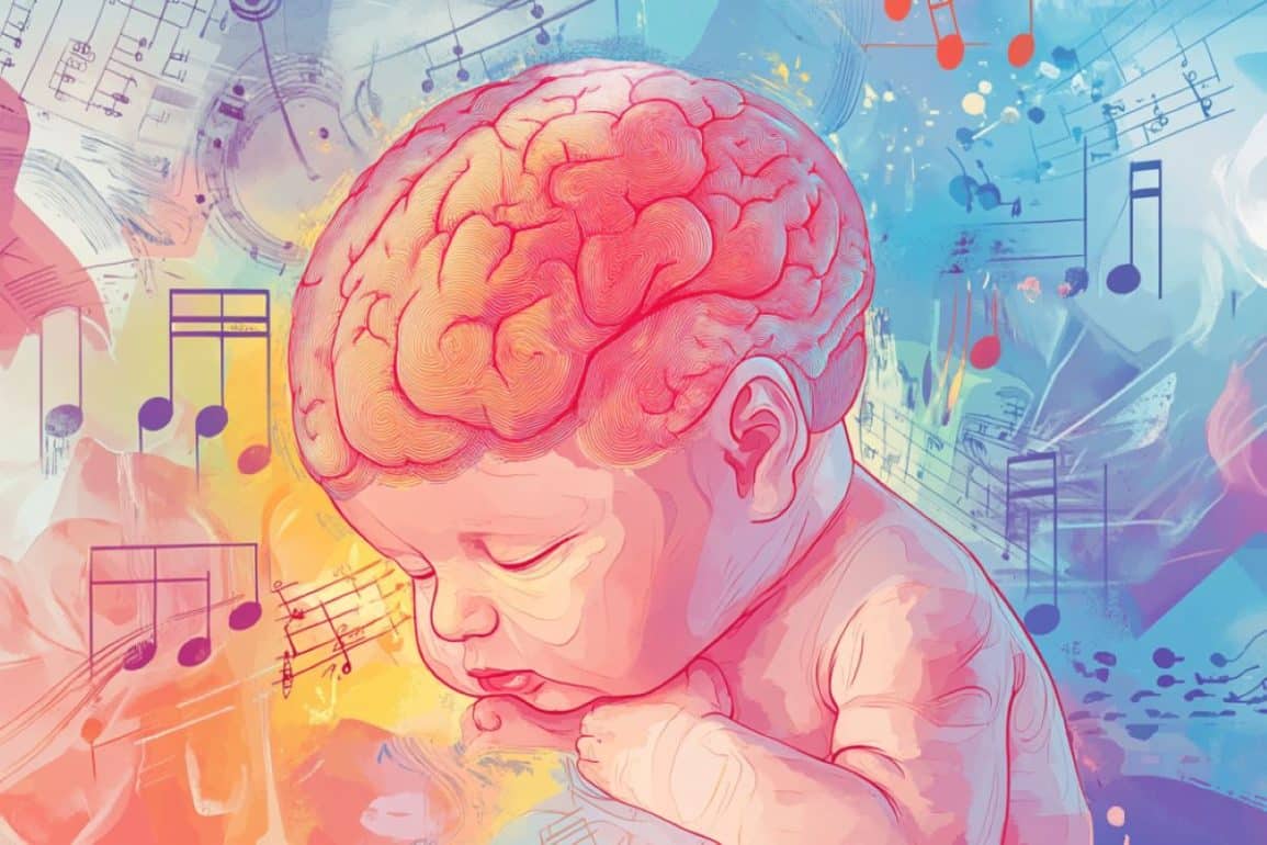 This shows a baby surrounded by musical notes.