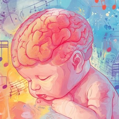 This shows a baby surrounded by musical notes.