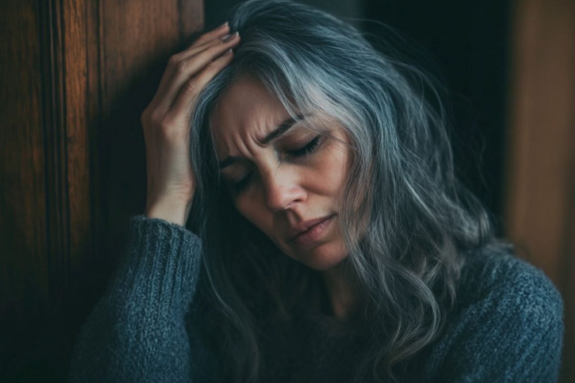 This shows a stressed woman with gray hair.