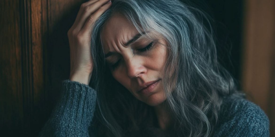 This shows a stressed woman with gray hair.