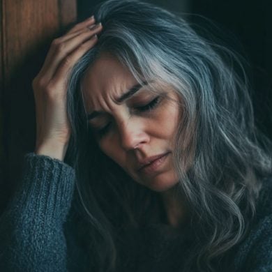 This shows a stressed woman with gray hair.