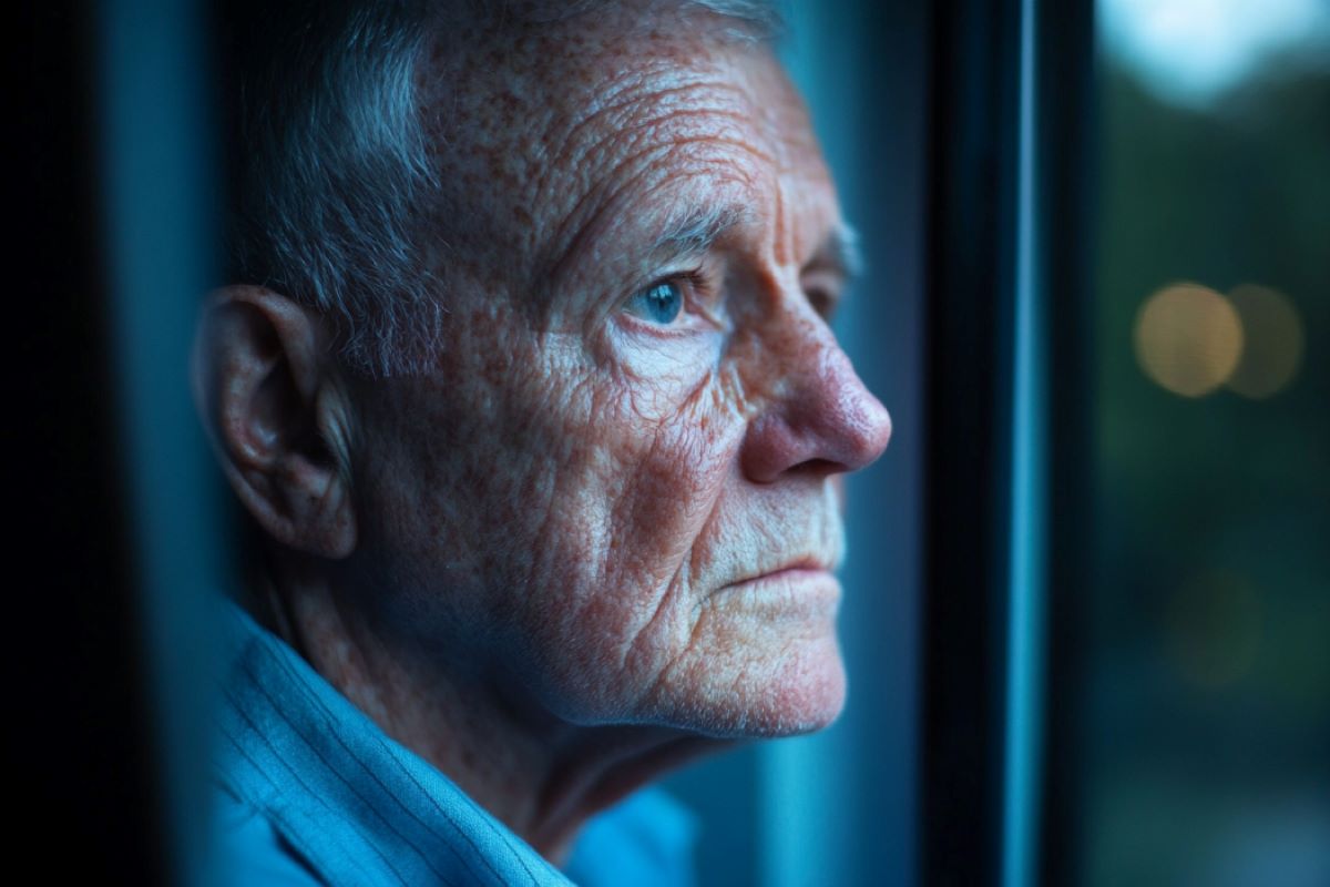 This shows an older man looking out a window.