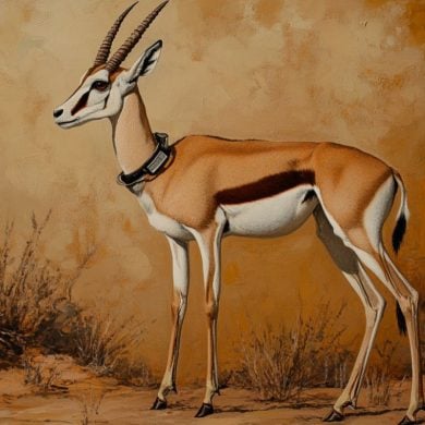 This shows a painting of a springbok with a tracking collar.