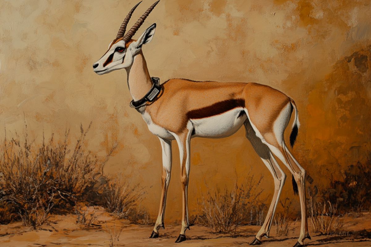 This shows a painting of a springbok with a tracking collar.