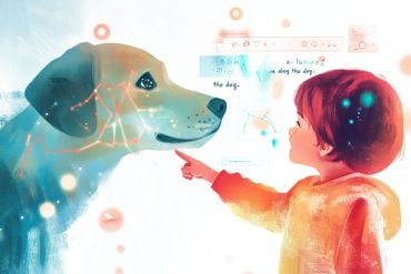 This shows a child pointing to a dog.