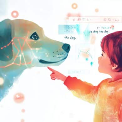 This shows a child pointing to a dog.